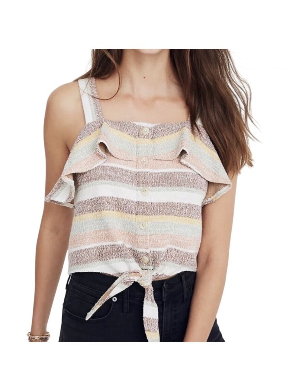 Madewell Texture & Thread Striped Ruffle Trim Blouse Cream Size S Boho Coastal